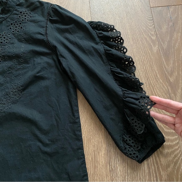 J. Crew Ruffle Sleeve Top Blouse Embroidered Eyelet Black Button Down - Picture 5 of 15